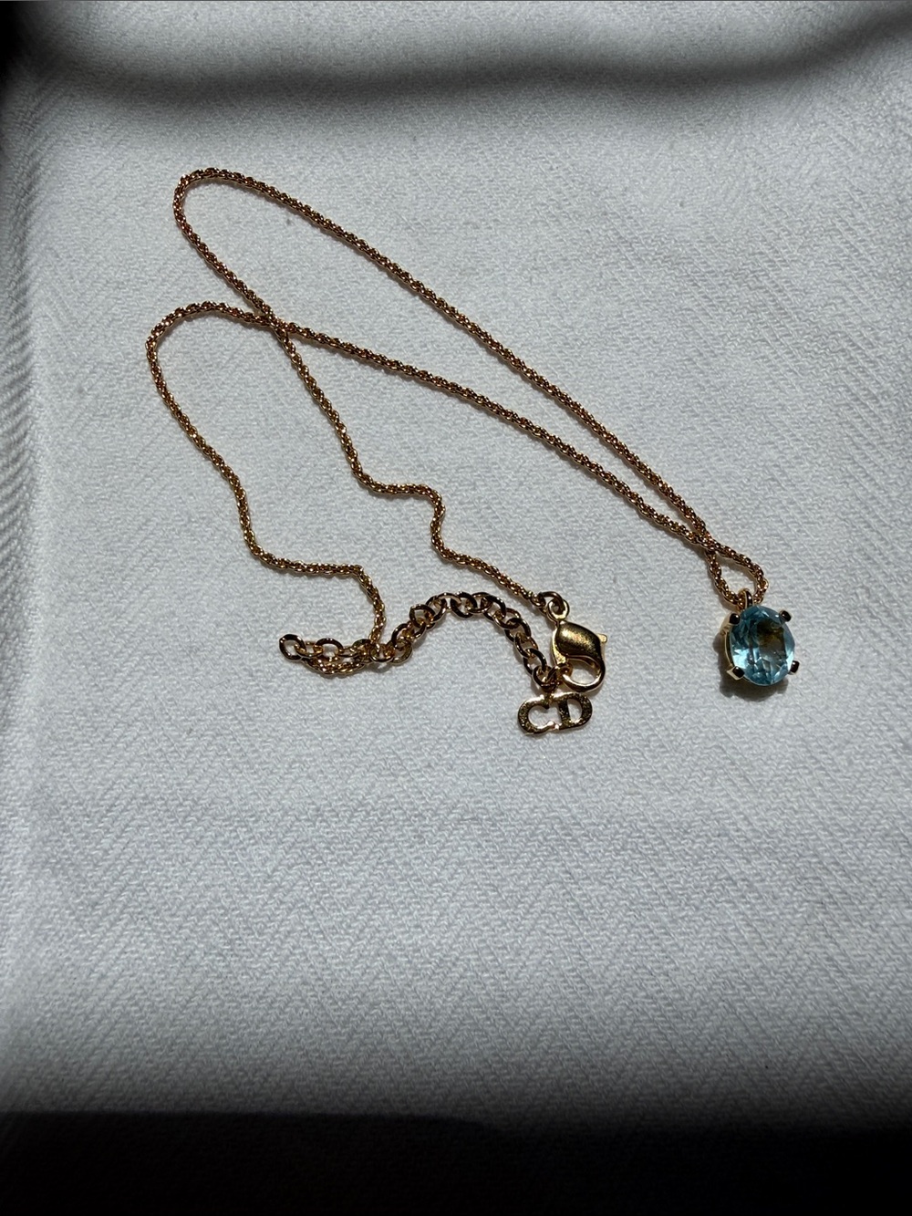 Dior Gold Chain Necklace with Blue Oval Crystal Pendant